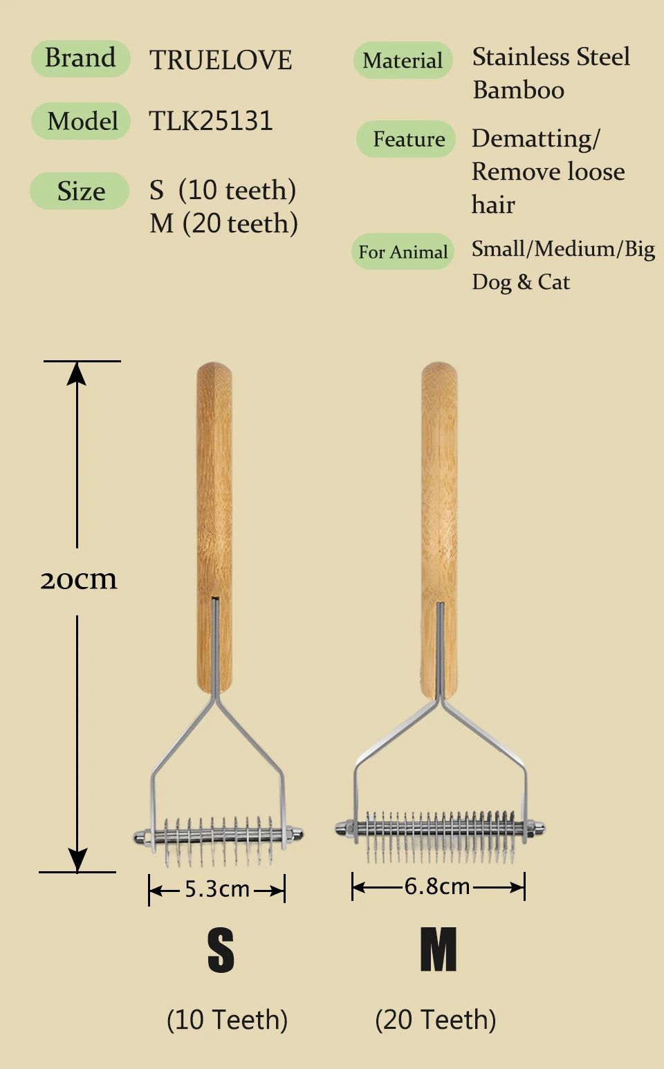 Truelove Deshedding Brush Pets Comb Stainless Steel Removes Undercoat Knots Safe Dog Pet Dematting Comb Grooming Tool TLK25131