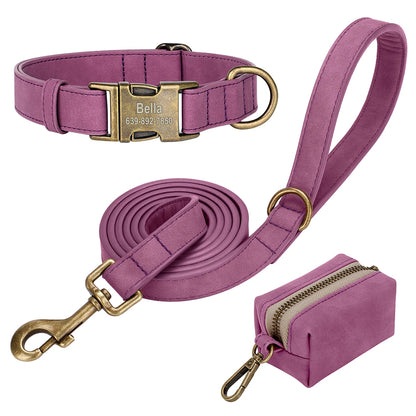 Custom Dog Collar Leash Bag Set Personalized PU Leather Dog Collars Vintage Pet Buckle Necklace With Lead Poop Bag for Dogs Pug