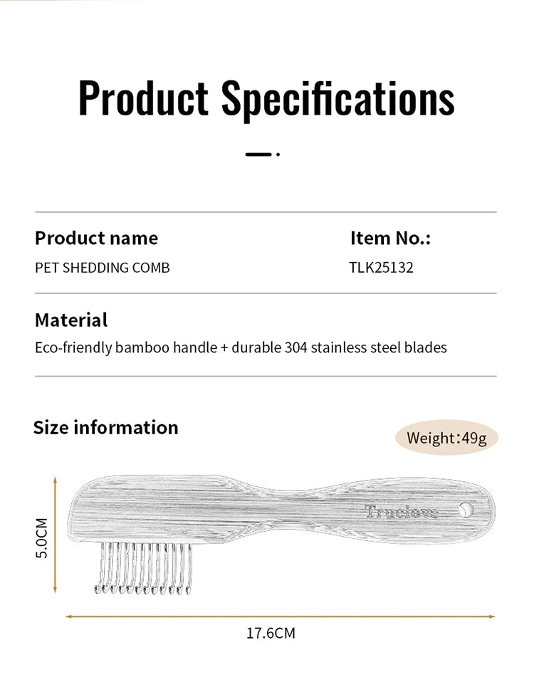 Truelove Eco-friendly Pet Shaving Comb Hair Removal Dog Grooming Brushes Gentle Bamboo Handle Cleaning Stainless Steel TLK25132