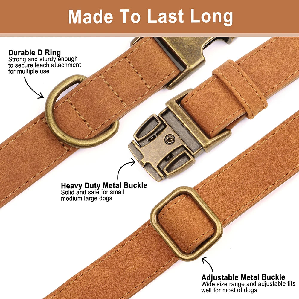 Custom Dog Collar Leash Bag Set Personalized PU Leather Dog Collars Vintage Pet Buckle Necklace With Lead Poop Bag for Dogs Pug