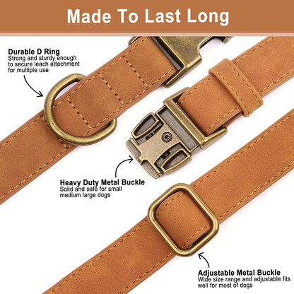Custom Dog Collar Leash Bag Set Personalized PU Leather Dog Collars Vintage Pet Buckle Necklace With Lead Poop Bag for Dogs Pug