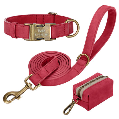 Custom Dog Collar Leash Bag Set Personalized PU Leather Dog Collars Vintage Pet Buckle Necklace With Lead Poop Bag for Dogs Pug