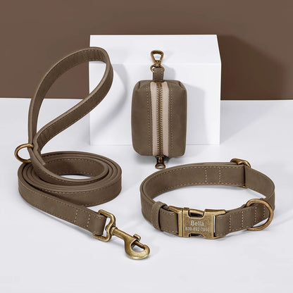 Custom Dog Collar Leash Bag Set Personalized PU Leather Dog Collars Vintage Pet Buckle Necklace With Lead Poop Bag for Dogs Pug