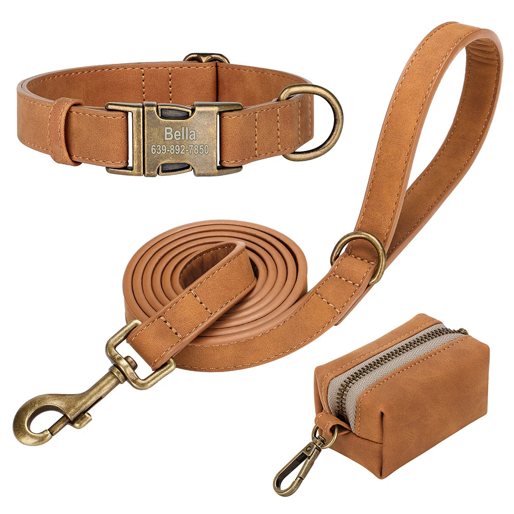 Custom Dog Collar Leash Bag Set Personalized PU Leather Dog Collars Vintage Pet Buckle Necklace With Lead Poop Bag for Dogs Pug