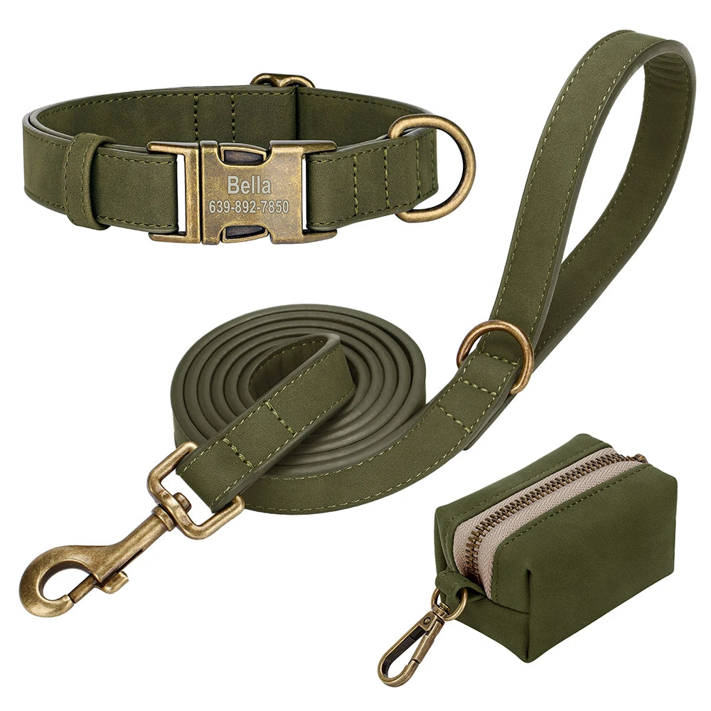 Custom Dog Collar Leash Bag Set Personalized PU Leather Dog Collars Vintage Pet Buckle Necklace With Lead Poop Bag for Dogs Pug