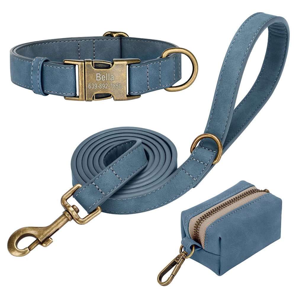 Custom Dog Collar Leash Bag Set Personalized PU Leather Dog Collars Vintage Pet Buckle Necklace With Lead Poop Bag for Dogs Pug