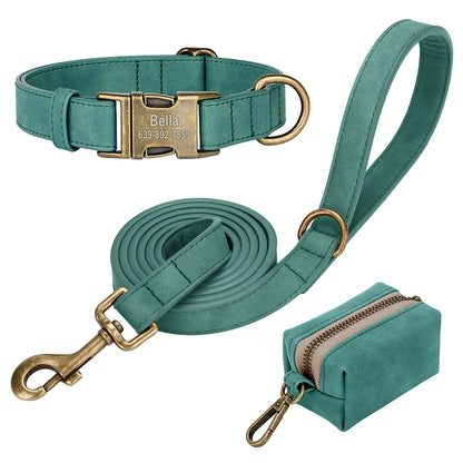 Custom Dog Collar Leash Bag Set Personalized PU Leather Dog Collars Vintage Pet Buckle Necklace With Lead Poop Bag for Dogs Pug