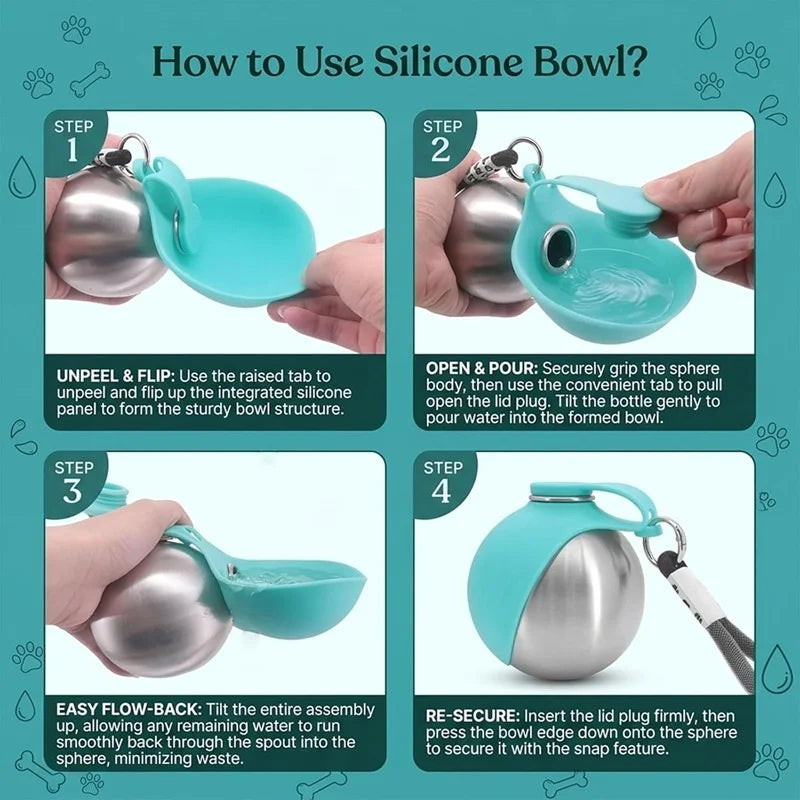 Dog Water Bottle 285ml Stainless Steel Portable Dog Drinker Leak Proof Feeder Dog Bottle 2 in 1 Silicon Bowl Travel Pet Supplies