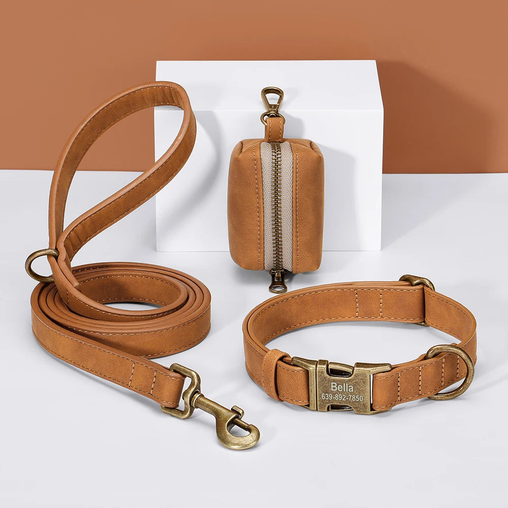 Custom Dog Collar Leash Bag Set Personalized PU Leather Dog Collars Vintage Pet Buckle Necklace With Lead Poop Bag for Dogs Pug