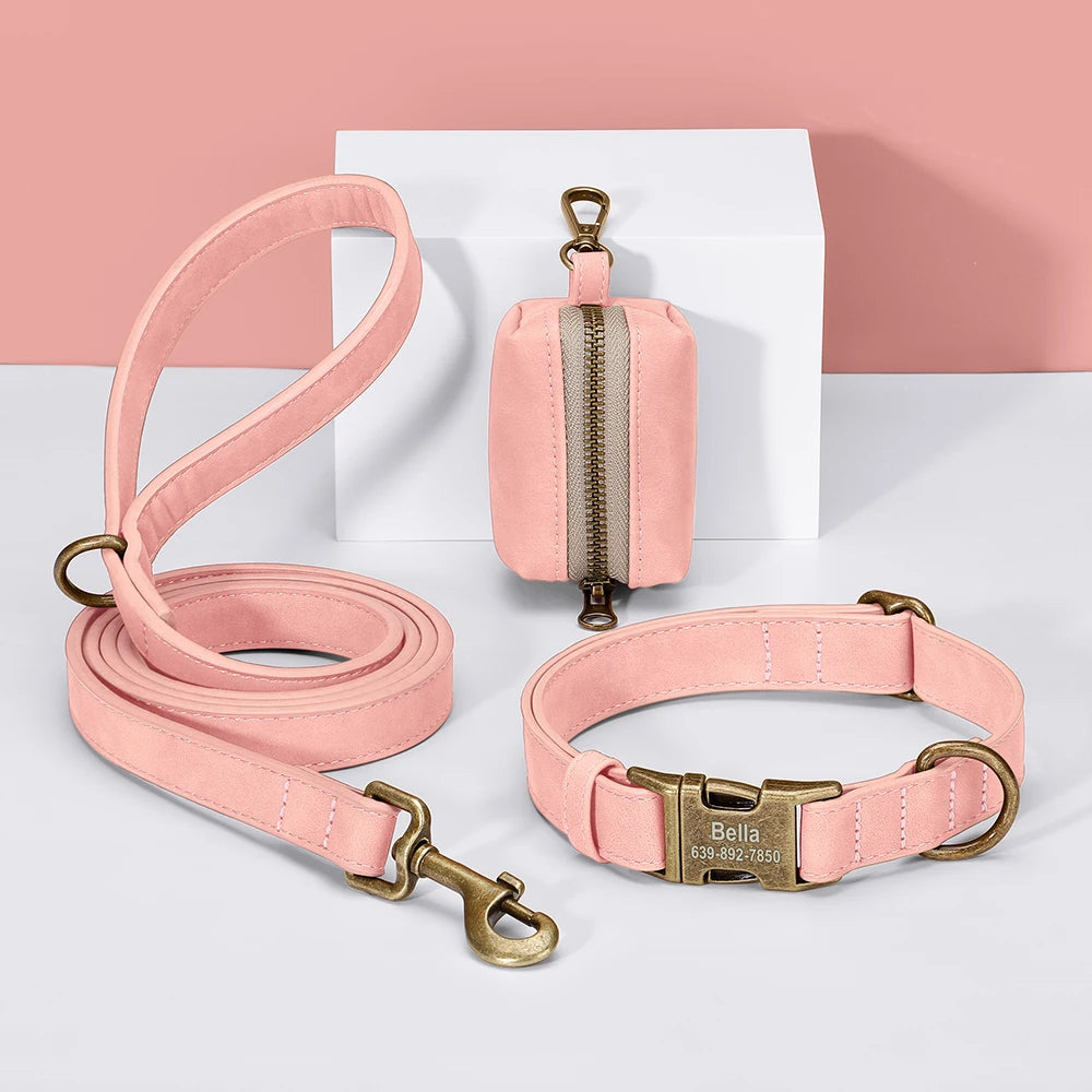 Custom Dog Collar Leash Bag Set Personalized PU Leather Dog Collars Vintage Pet Buckle Necklace With Lead Poop Bag for Dogs Pug