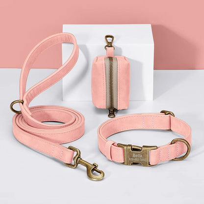Custom Dog Collar Leash Bag Set Personalized PU Leather Dog Collars Vintage Pet Buckle Necklace With Lead Poop Bag for Dogs Pug