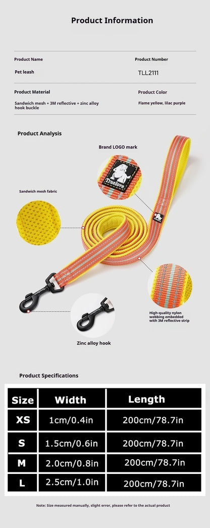 Truelove Pet Leash 200CM Comfort Sandwich Dog Leash Soft Padded Breathable No Pull Pet Lead Durable Reflective Rope TLL2112
