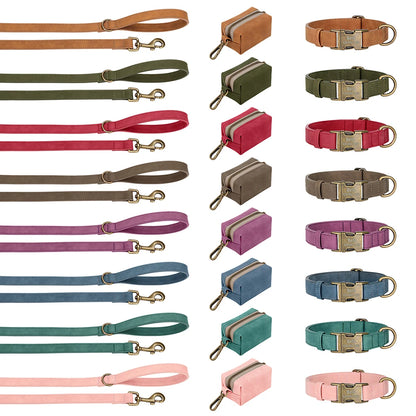 Custom Dog Collar Leash Bag Set Personalized PU Leather Dog Collars Vintage Pet Buckle Necklace With Lead Poop Bag for Dogs Pug
