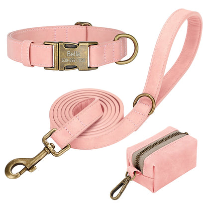 Custom Dog Collar Leash Bag Set Personalized PU Leather Dog Collars Vintage Pet Buckle Necklace With Lead Poop Bag for Dogs Pug
